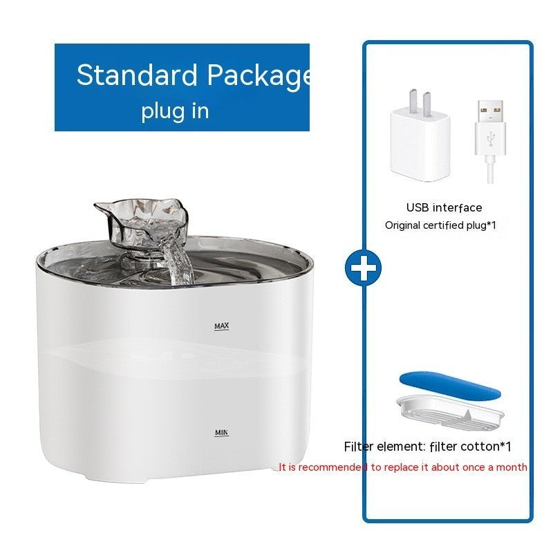 Furlouve white automatic cat water fountain with circulating filtration system and USB plug.