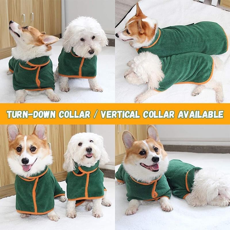 Furlouve green microfiber dog bathrobe with orange trim, featuring hook & loop closure and adjustable straps.