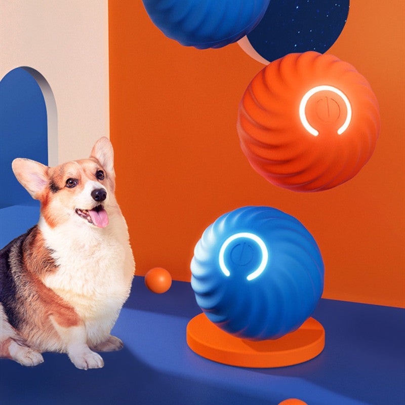 Furlouve blue rubber dog chew ball with a swirling texture and a glowing white C-shaped light, designed for dental health and durability.