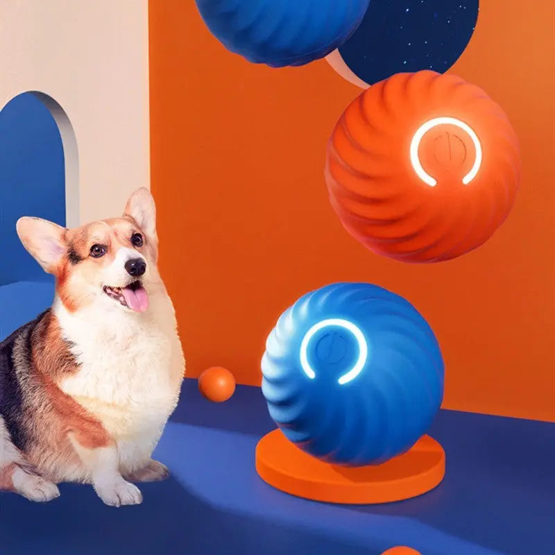 Furlouve blue rubber dog chew ball with a swirling texture and a glowing white C-shaped light, designed for dental health and durability.