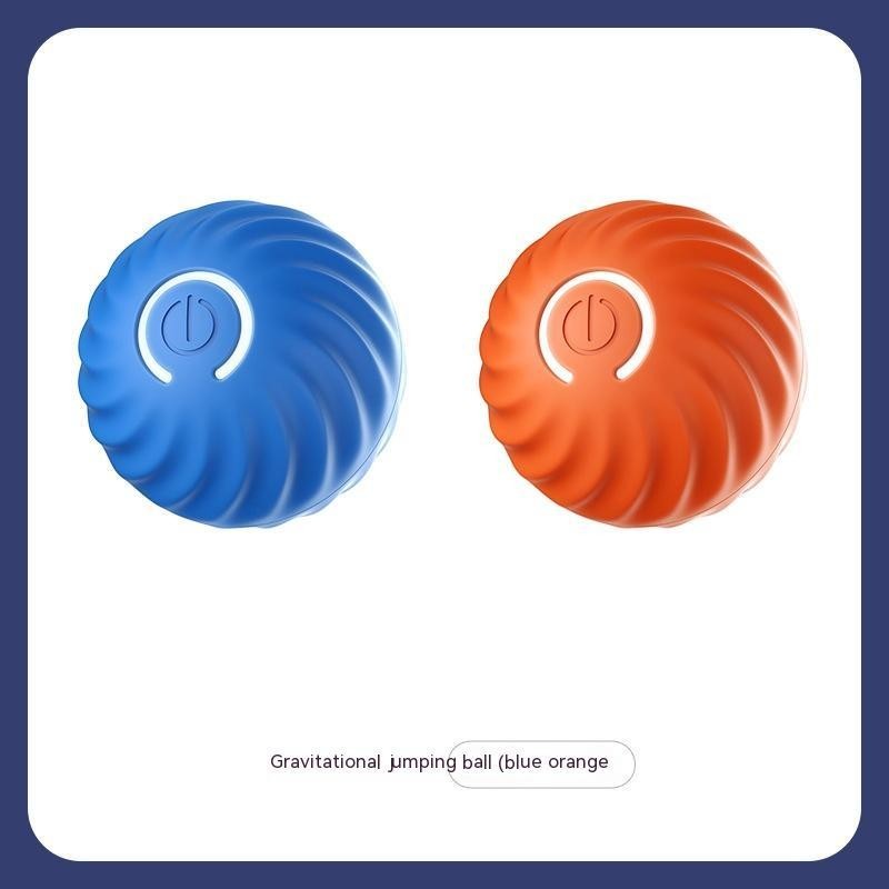 Furlouve blue and orange durable rubber dog chew ball toy with a power button symbol. Bite-resistant and teeth-cleaning.