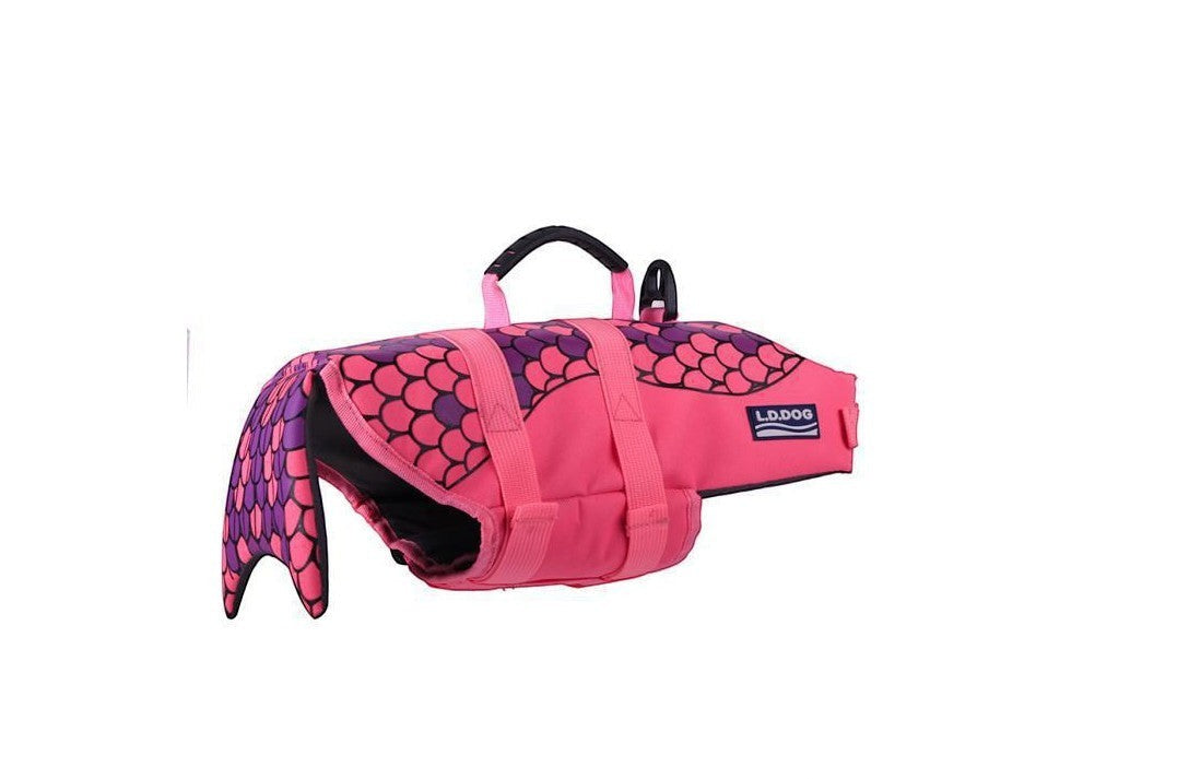 Furlouve pink dog life jacket with purple mermaid tail and scale pattern, adjustable straps, and top handle.