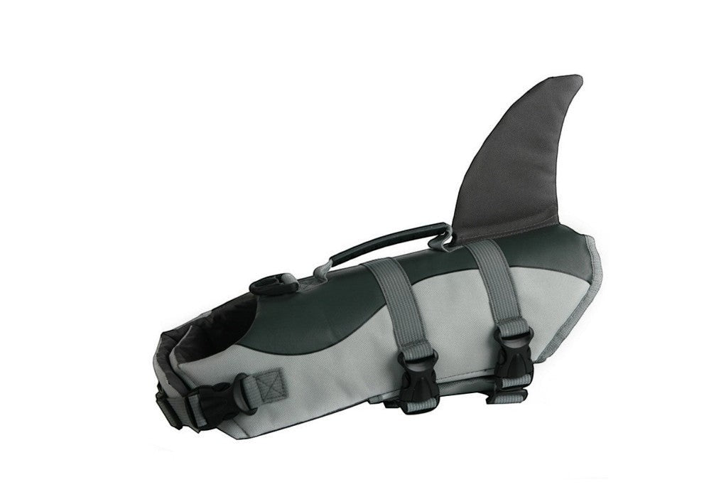 Furlouve gray and dark green shark fin dog life jacket with adjustable straps and buckles for swim safety.