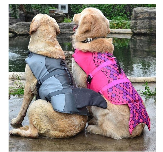 Furlouve gray shark and pink mermaid dog life jackets made of 600D Oxford cloth and EPE for water safety.