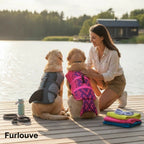 Furlouve gray shark and pink mermaid dog life jackets made of Oxford cloth and EPE for water safety.