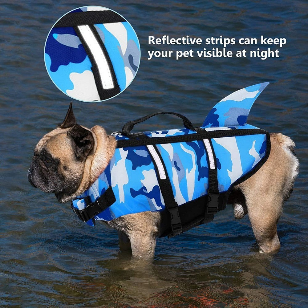 Furlouve AquaGuard dog swim vest in camouflage shark blue with reflective strips and a shark fin detail.