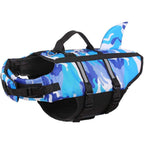 Furlouve camouflage shark blue dog swim vest with dorsal fin and reflective strips.