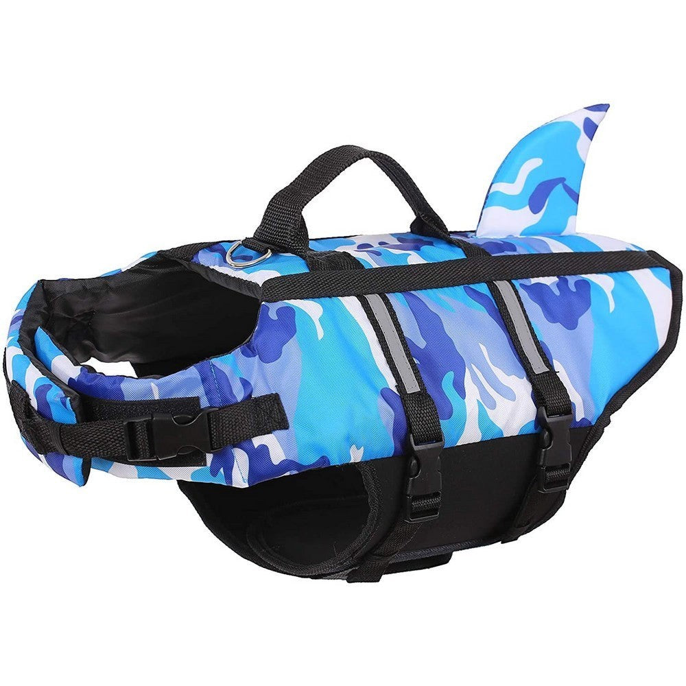 Furlouve camouflage shark blue dog swim vest with dorsal fin and reflective strips.