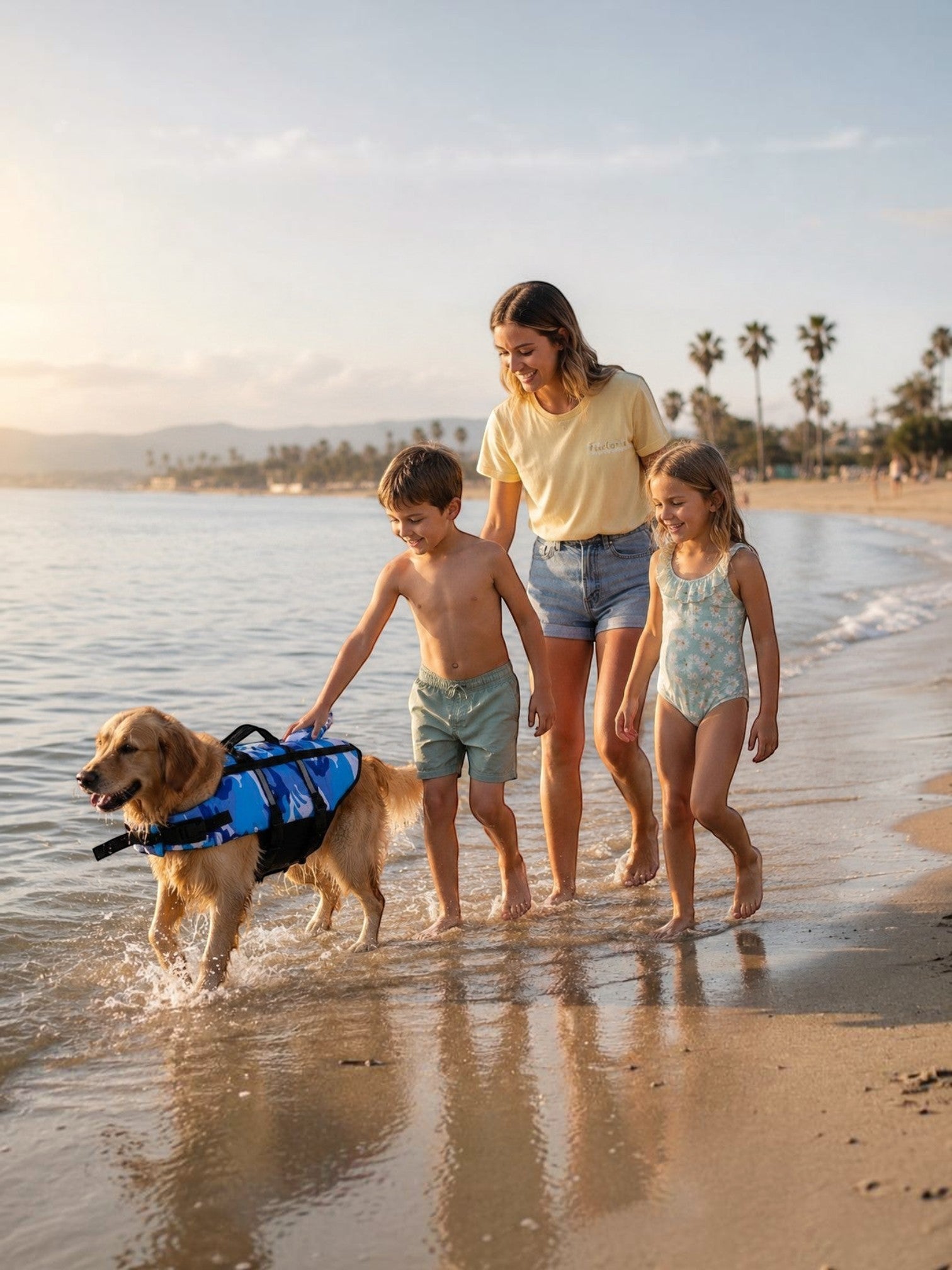 Furlouve AquaGuard Dog Swim Vest in blue camouflage, designed for safety and buoyancy during water activities.