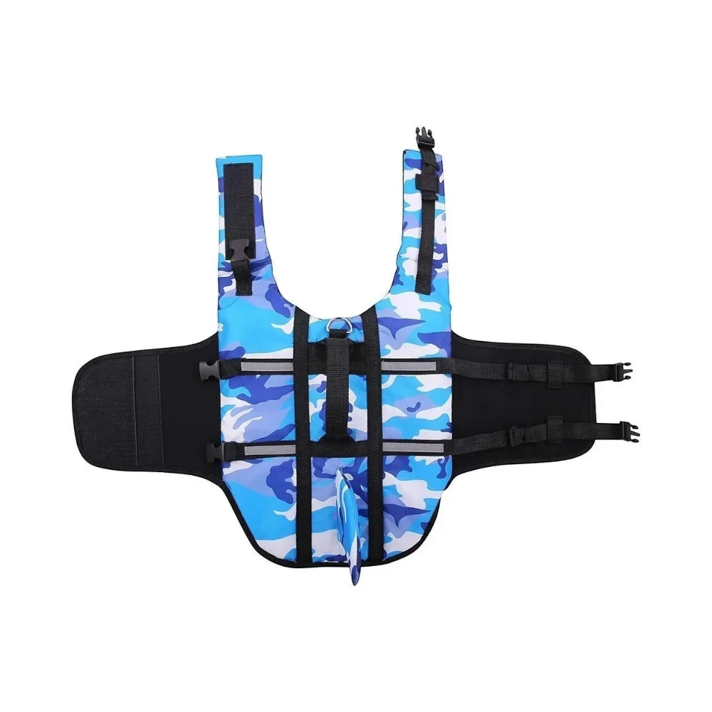 Furlouve AquaGuard Dog Swim Vest in blue camouflage with shark fin detail. Features adjustable straps and reflective strips.
