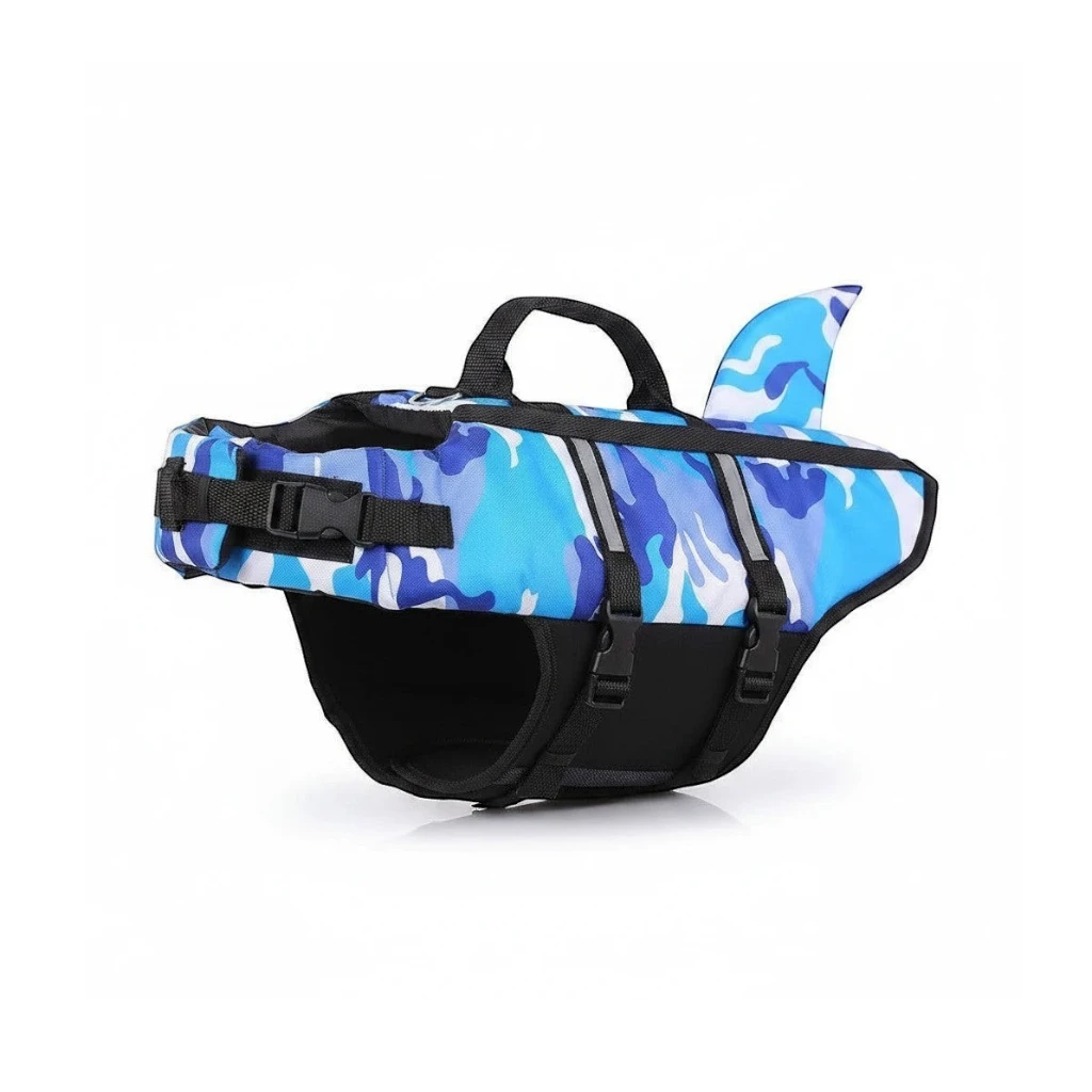 Furlouve AquaGuard Dog Swim Vest in blue camouflage with shark fin detail. Features adjustable straps and handle.