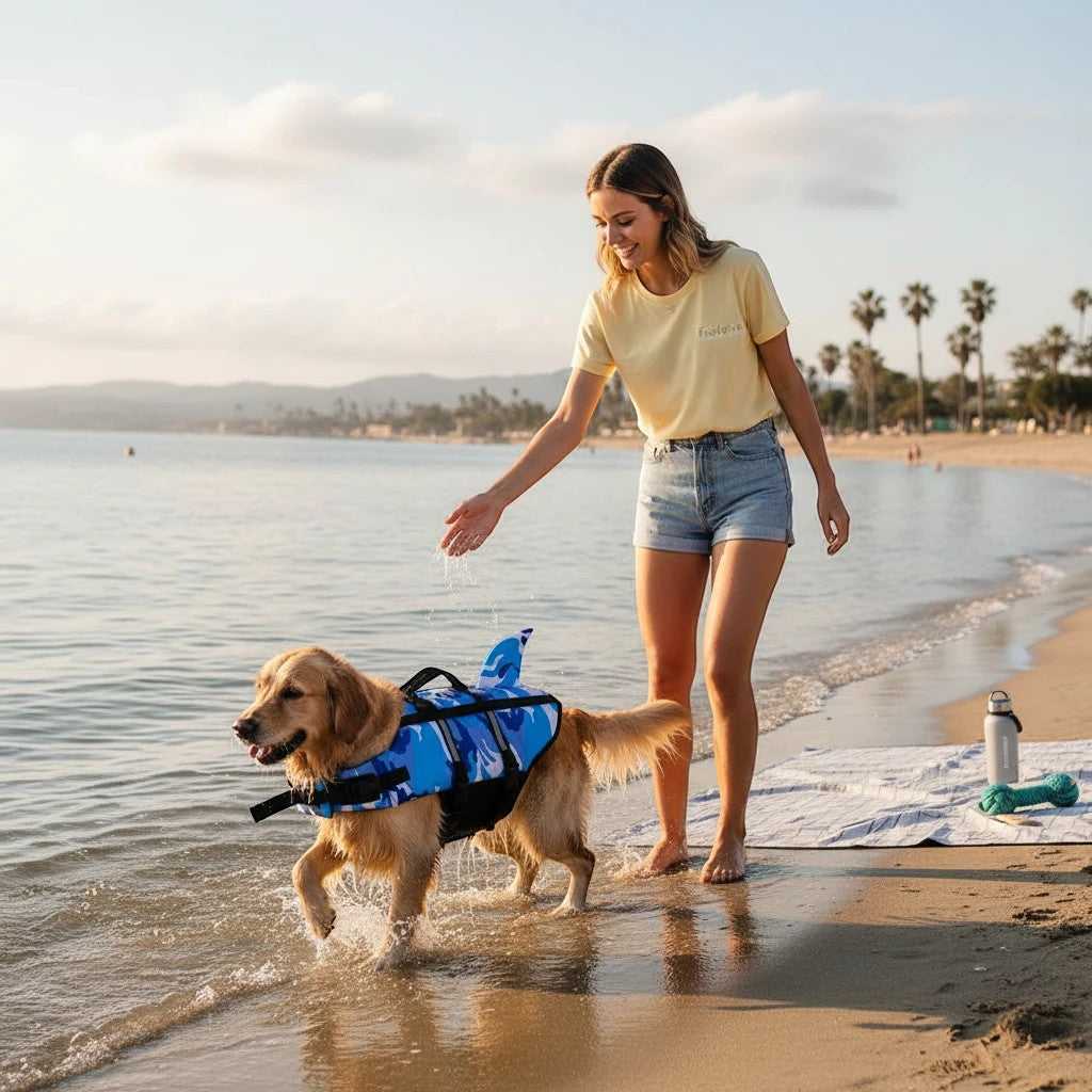 Furlouve blue camouflage dog swim vest with shark fin detail, worn by a golden retriever on a beach.