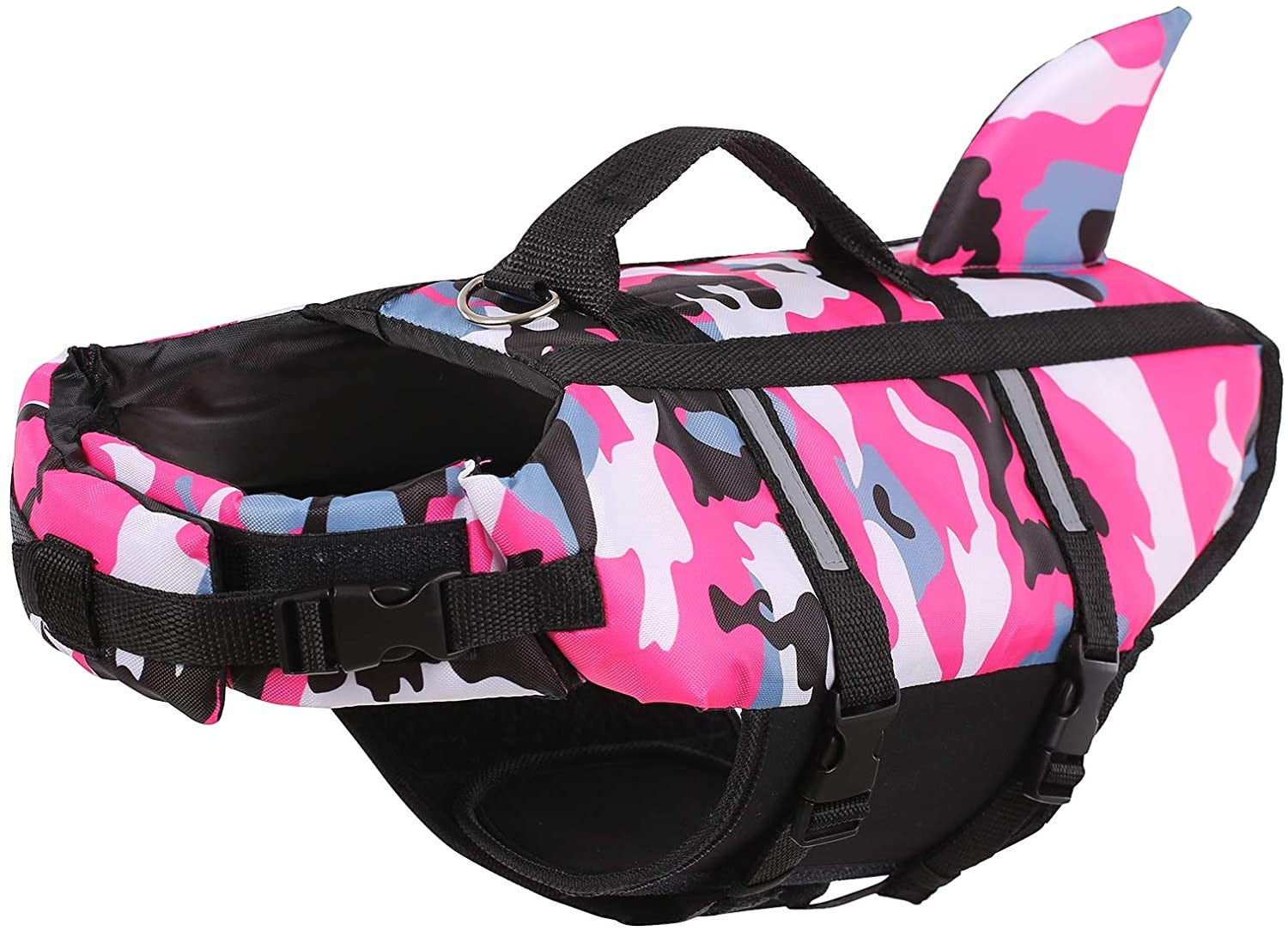 Furlouve camouflage shark rose red dog swim vest with handle and fin detail
