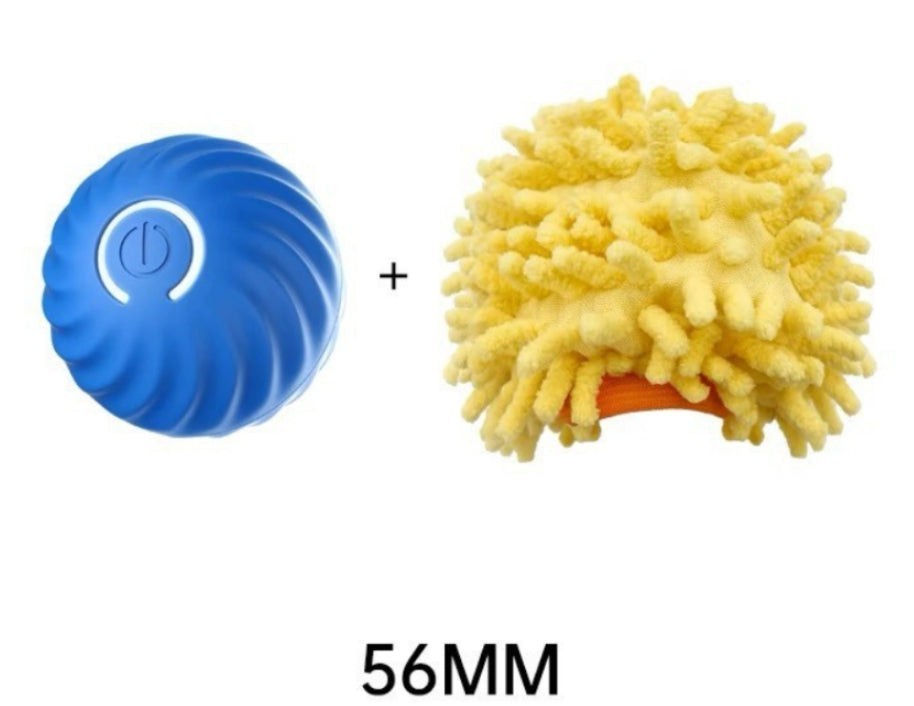 Furlouve blue interactive dog toy ball with power button and yellow fluffy cover for teeth cleaning and play
