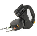 Furlouve black automatic double dog leash with built-in flashlight and retractable dual lines.