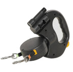 Furlouve black automatic double dog leash with built-in flashlight and retractable dual lines.