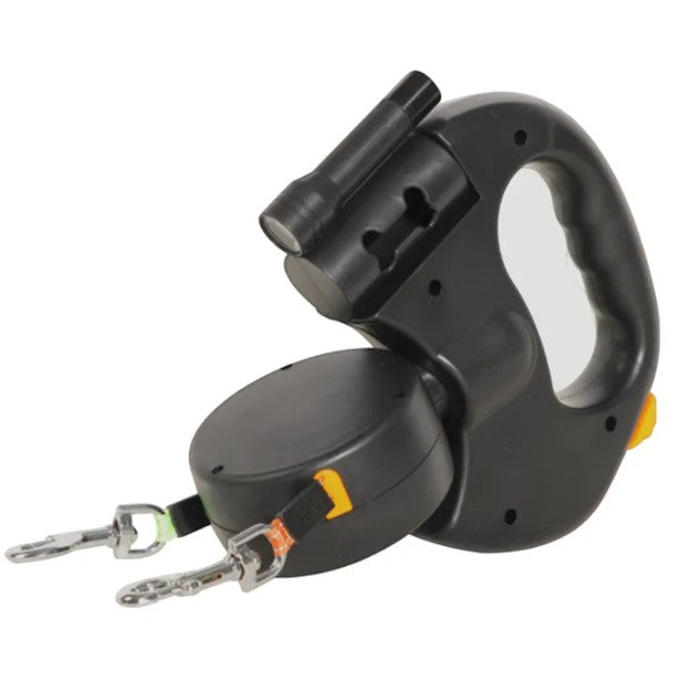 Furlouve black automatic double dog leash with built-in flashlight and retractable dual lines.