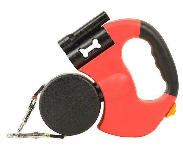 Furlouve red and black automatic double dog leash with built-in light and waste bag dispenser.