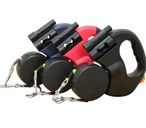 Furlouve Auto Double Dog Leash in black, red, and blue, featuring a telescopic dual-line system with built-in lights.