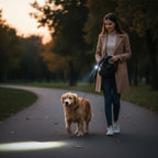 Furlouve Auto Double Dog Leash in black, red, and navy blue. Features telescopic dual-line retractable system and built-in flashlight.