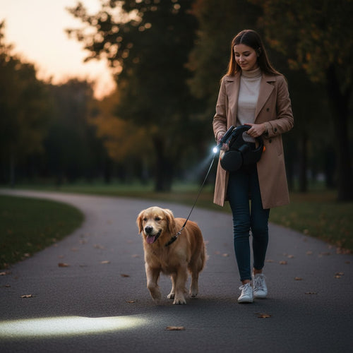 Furlouve Auto Double Dog Leash in black, red, and navy blue. Features telescopic dual-line retractable system and built-in flashlight.