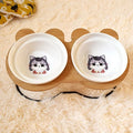 Furlouve double ceramic cat bowls with cute husky design on a bamboo stand, 150mm high.