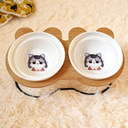Furlouve double ceramic cat bowls with cute husky design on a bamboo stand, 150mm high.