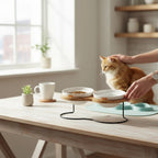 Furlouve Ergonomic Cat Dining Stand with two ceramic bowls on a bamboo base, one with food, one with water.