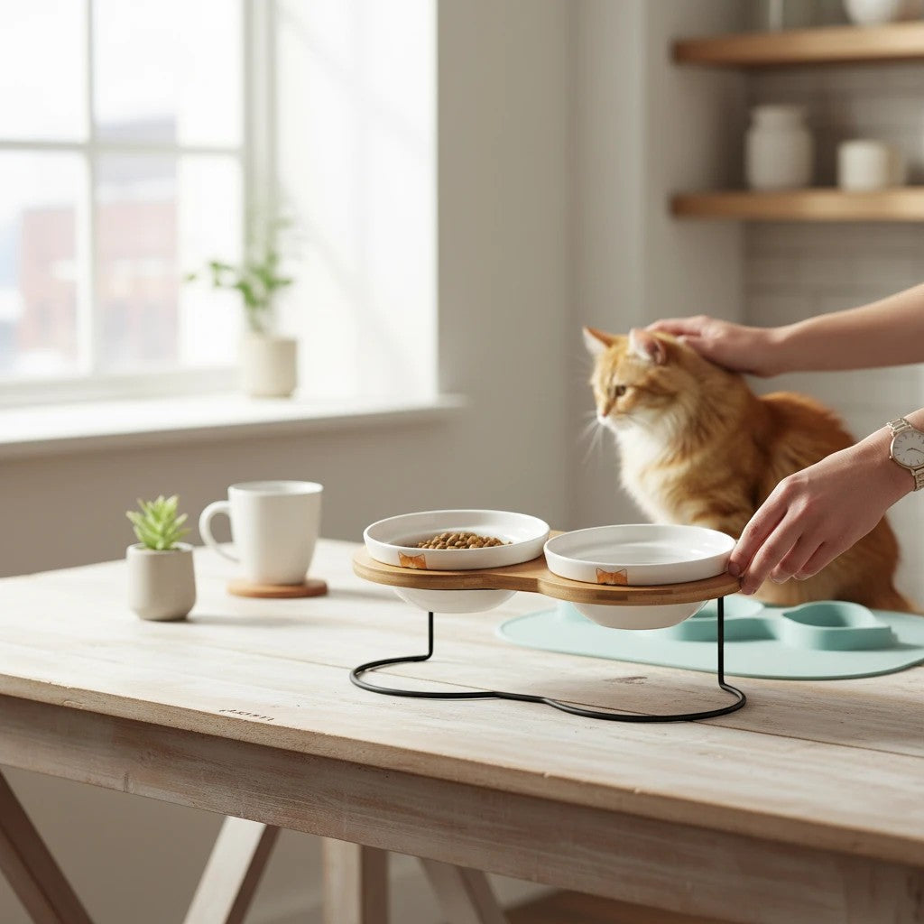 Furlouve Ergonomic Cat Dining Stand with two ceramic bowls on a bamboo base, one with food, one with water.