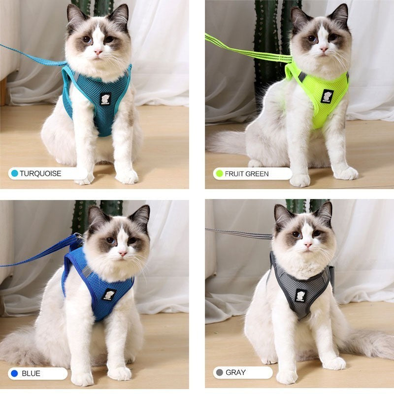 Furlouve breathable mesh cat harness and leash set in turquoise, fruit green, blue, and gray. Escape-proof design.