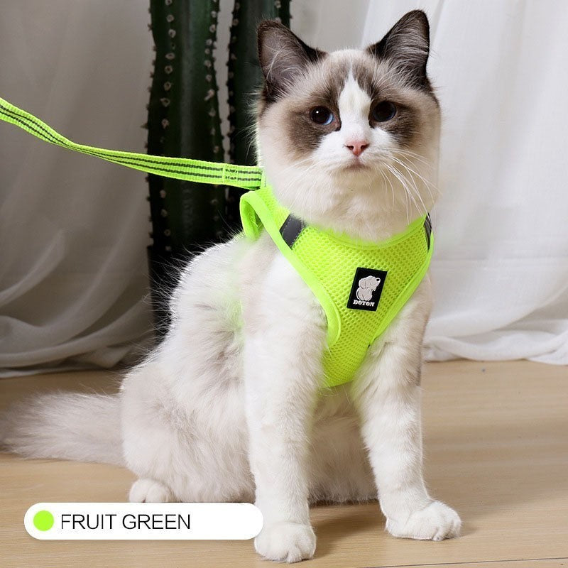 Furlouve Fruit Green breathable mesh escape-proof cat harness with adjustable webbing for outdoor adventures.