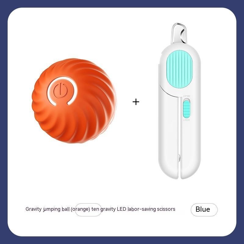 Furlouve orange gravity jumping ball toy with a power button symbol and blue LED labor-saving scissors.