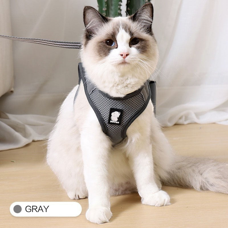 Furlouve gray breathable mesh escape-proof cat harness with adjustable straps and leash attachment.