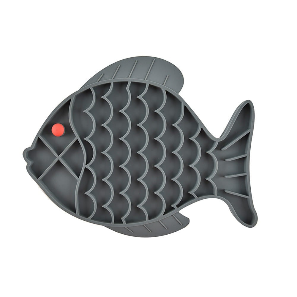 Furlouve grey silicone fish-shaped pet slow feeder mat with red eye detail