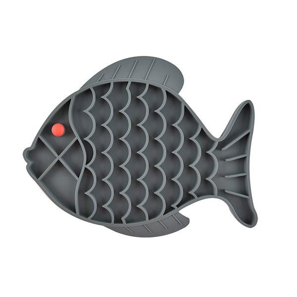 Furlouve grey silicone fish-shaped pet slow feeder mat with red eye detail