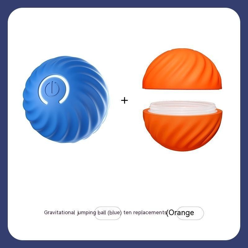 Furlouve blue and orange interactive dog toy ball with a power button symbol. Made of durable rubber.