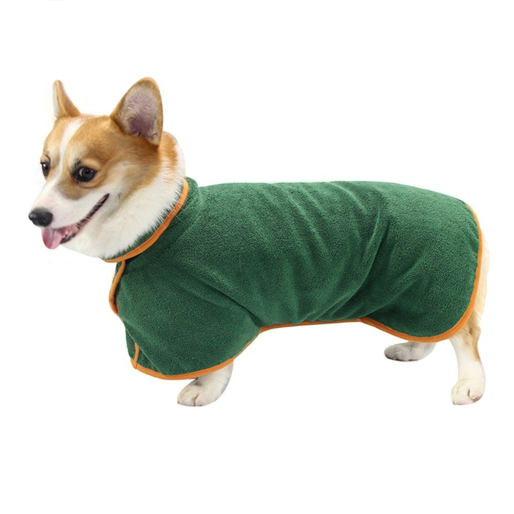 Furlouve green microfiber dog bathrobe with orange trim, super absorbent and adjustable for quick drying after baths.