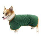 Furlouve green microfiber dog bathrobe with orange trim, super absorbent and adjustable for quick drying after baths.