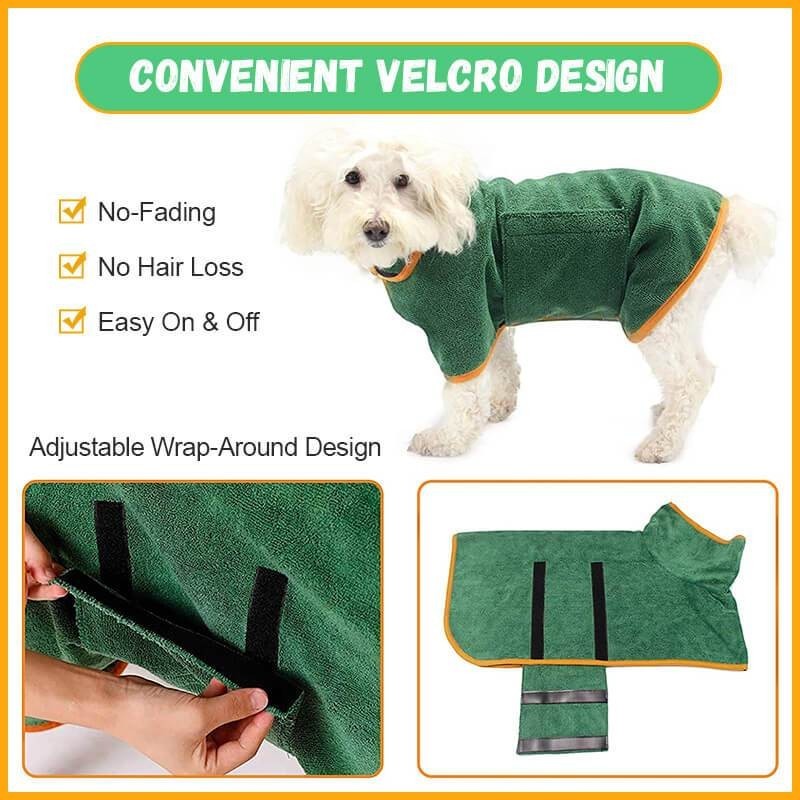 Furlouve green microfiber dog bathrobe with adjustable velcro closure and orange trim. Super absorbent for quick drying.