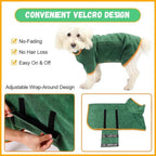 Furlouve green microfiber dog bathrobe with adjustable velcro closure and orange trim. Super absorbent for quick drying.