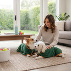 Furlouve green microfiber dog bathrobe with orange trim, featuring hook & loop closure for easy fit.