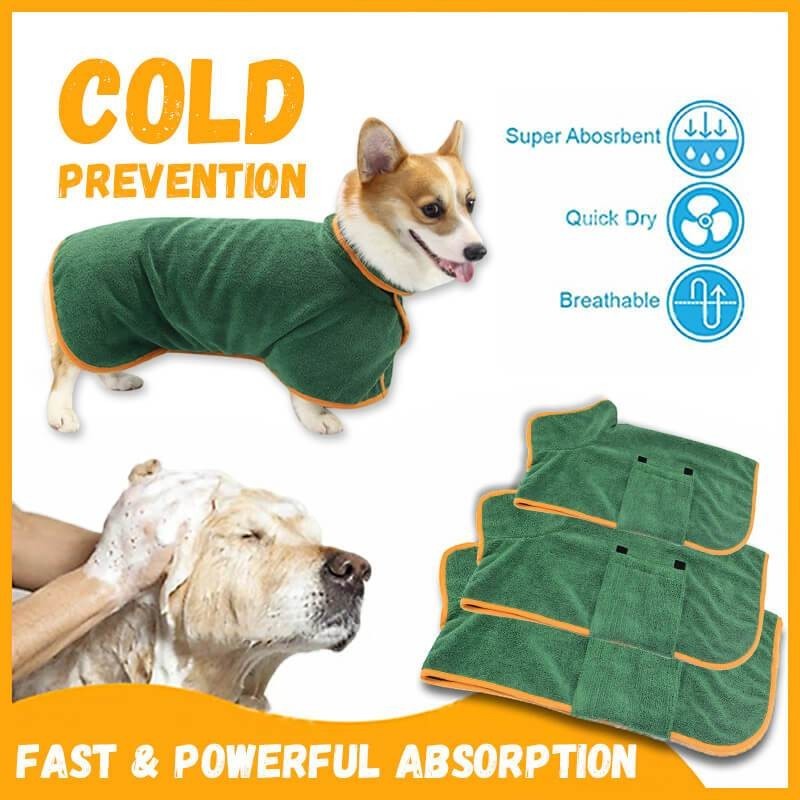 Furlouve green microfiber dog bathrobe with orange trim, featuring hook & loop closure for quick drying and cold prevention.
