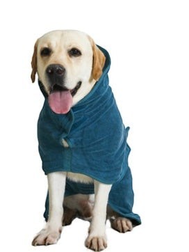 Furlouve teal microfiber dog bathrobe with hood and hook & loop closure, super absorbent for quick drying.