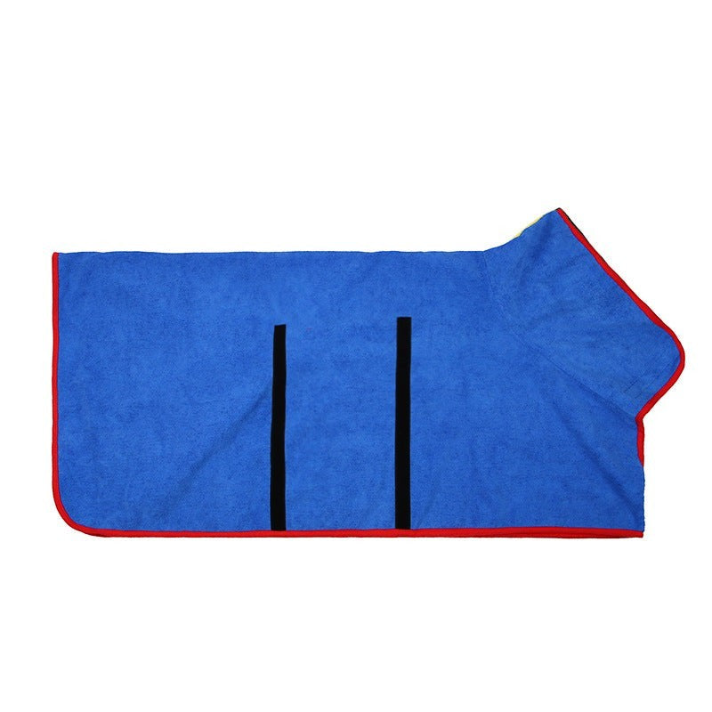 Furlouve blue microfiber pet bathrobe with red trim and black hook & loop closure straps