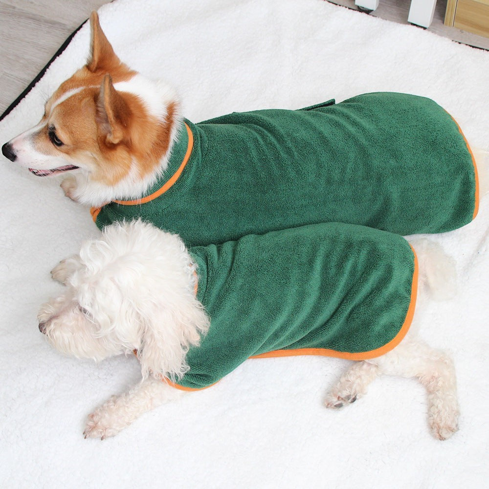 Furlouve green microfiber pet bathrobe with orange trim, featuring hook & loop closure for easy fit on dogs.