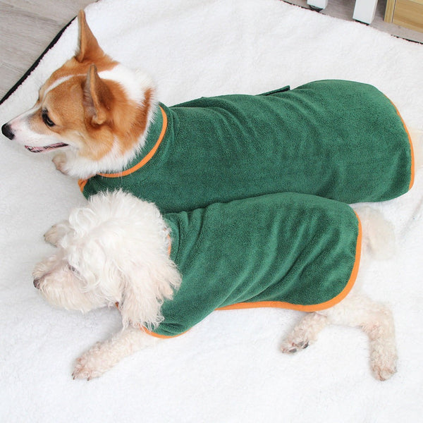 Furlouve green microfiber pet bathrobe with orange trim, featuring hook & loop closure for easy fit on dogs.