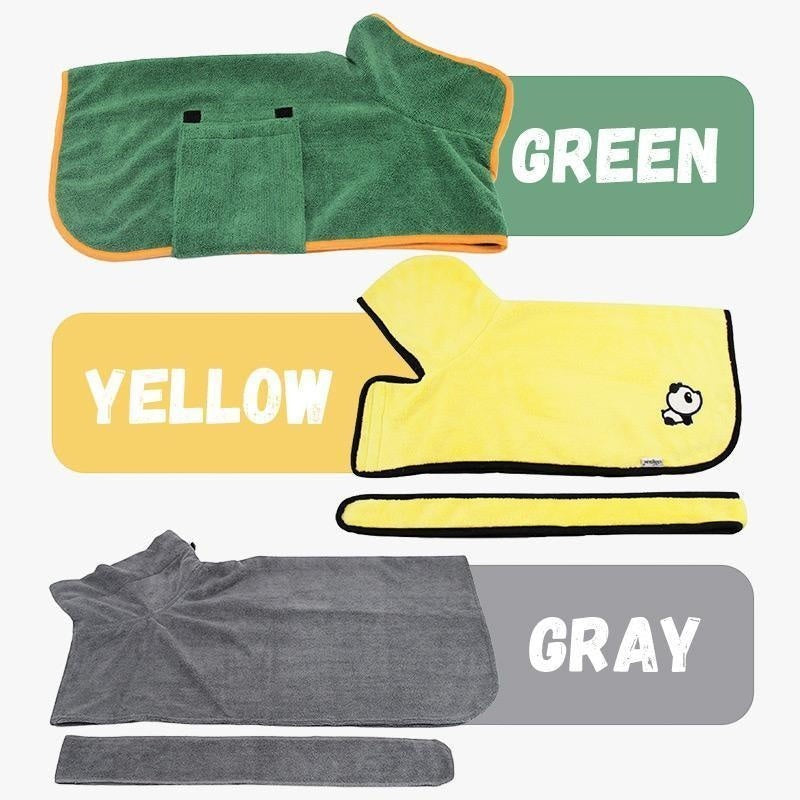 Furlouve green, yellow, and gray microfiber pet bathrobe with hook & loop closure for quick drying.