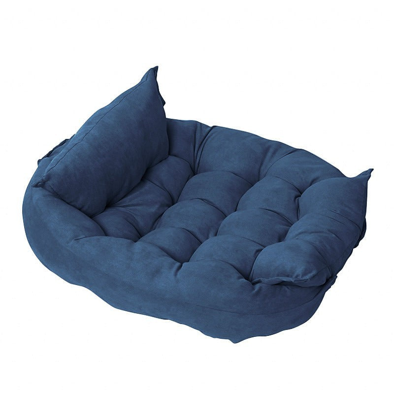 Furlouve navy blue plush pet cushion made of imitation deer skin velvet fabric with tufted interior and raised sides.