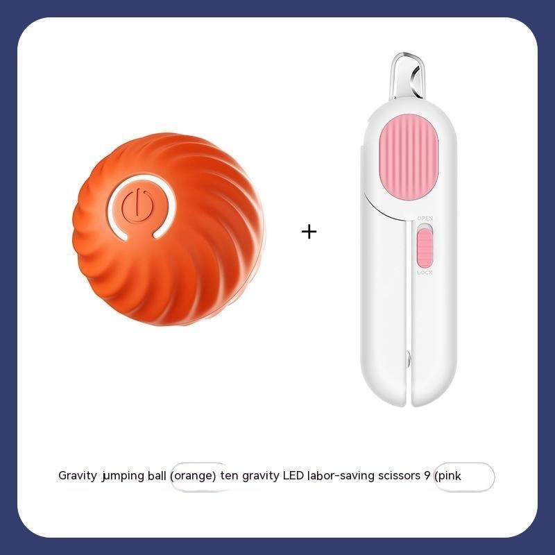 Furlouve orange rubber dog chew ball with textured surface and power button symbol. Next to it is a pink and white LED labor-saving scissor.