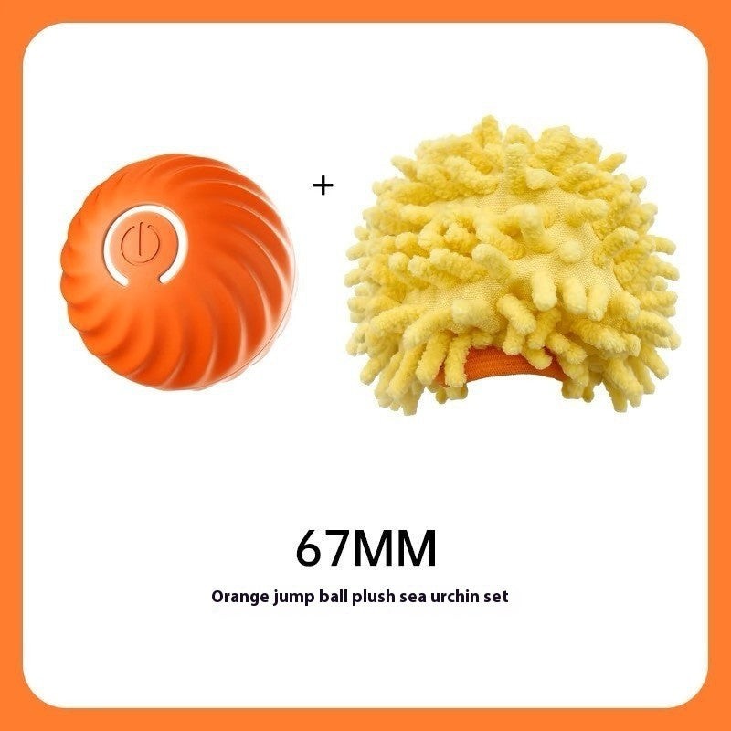 Furlouve orange durable rubber dog chew ball toy with a plush sea urchin cover for teeth cleaning and interactive play.